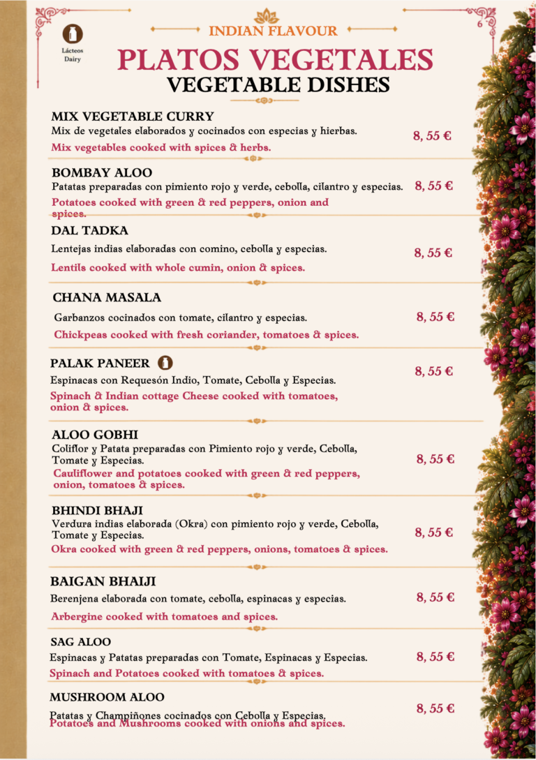 Menú Indian Flavour